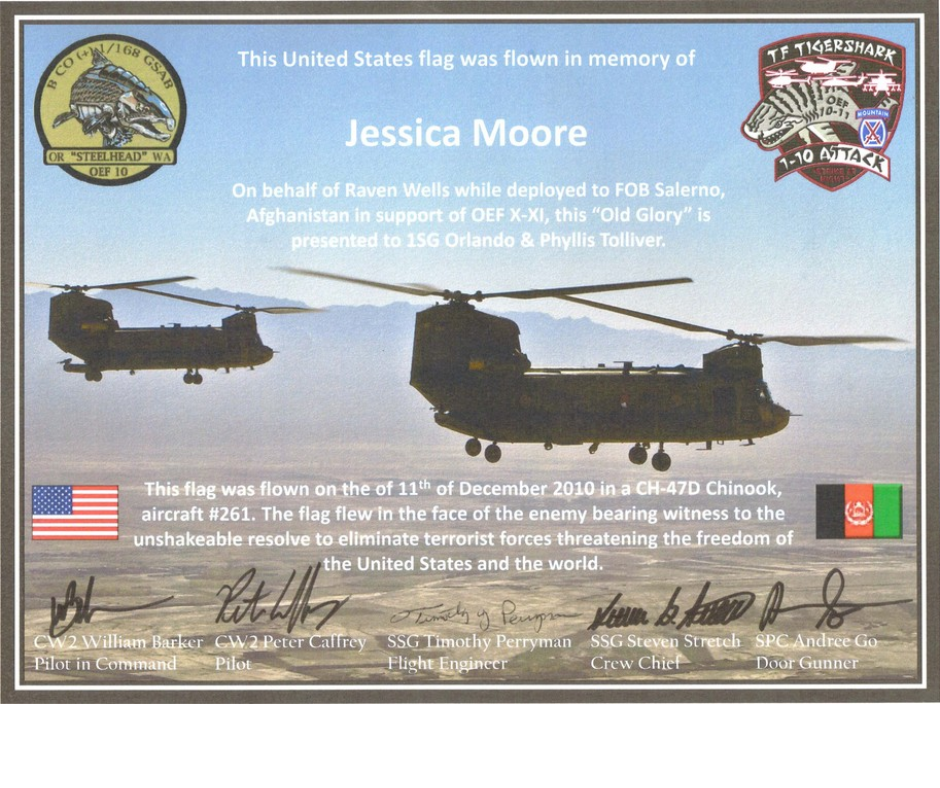 Certificate honoring Jessica Moore with a United States flag flown in her memory during a military mission in Afghanistan, featuring Chinook helicopters and military insignias.