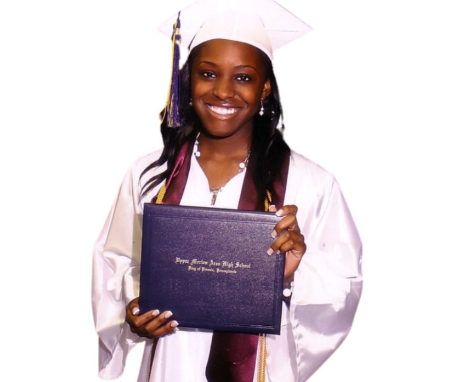 Jessica A. Moore smiling in a white graduation cap and gown, holding her high school diploma.