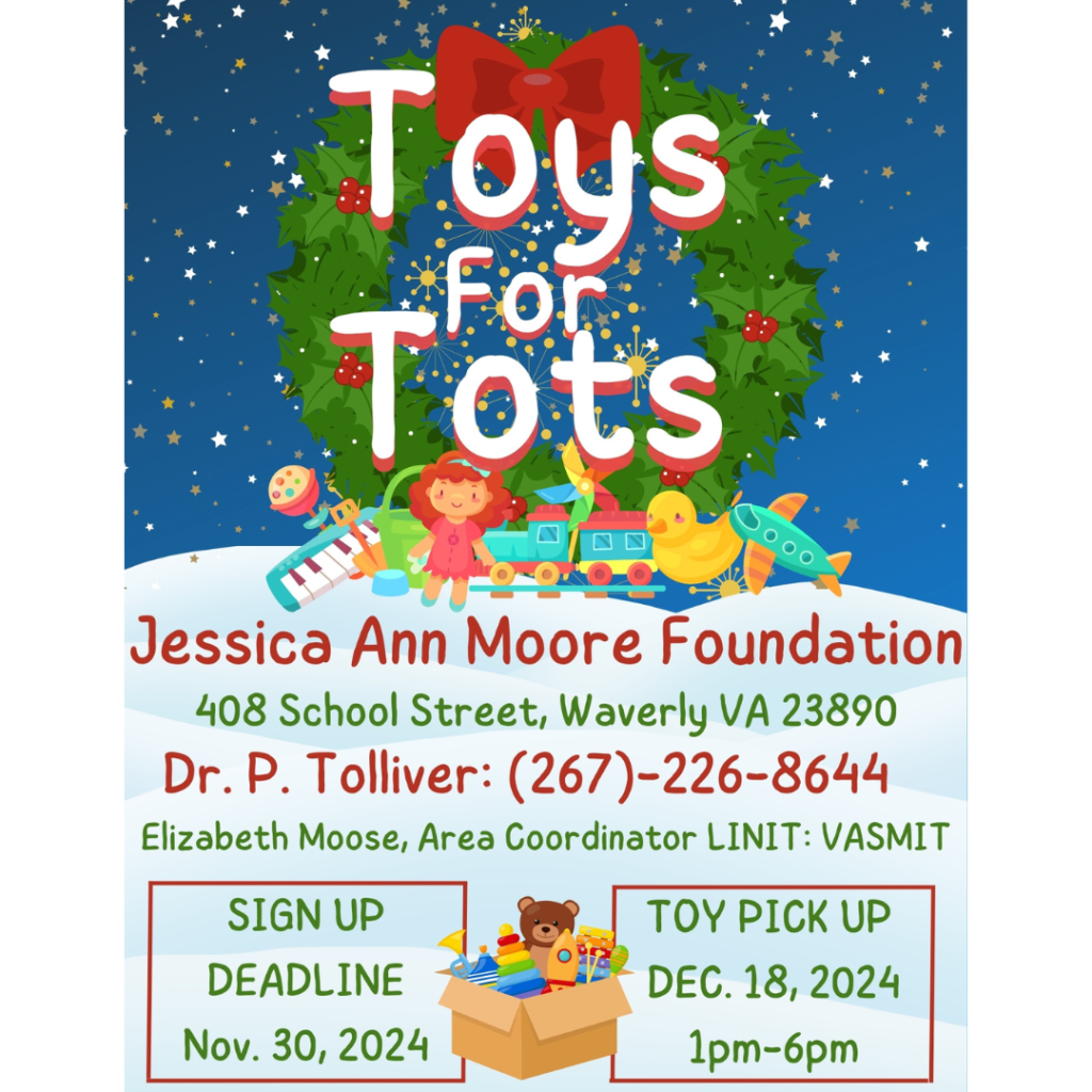 Toys for Tots flyer with holiday wreath, toys, and event details for the Jessica Ann Moore Foundation in Waverly, VA.