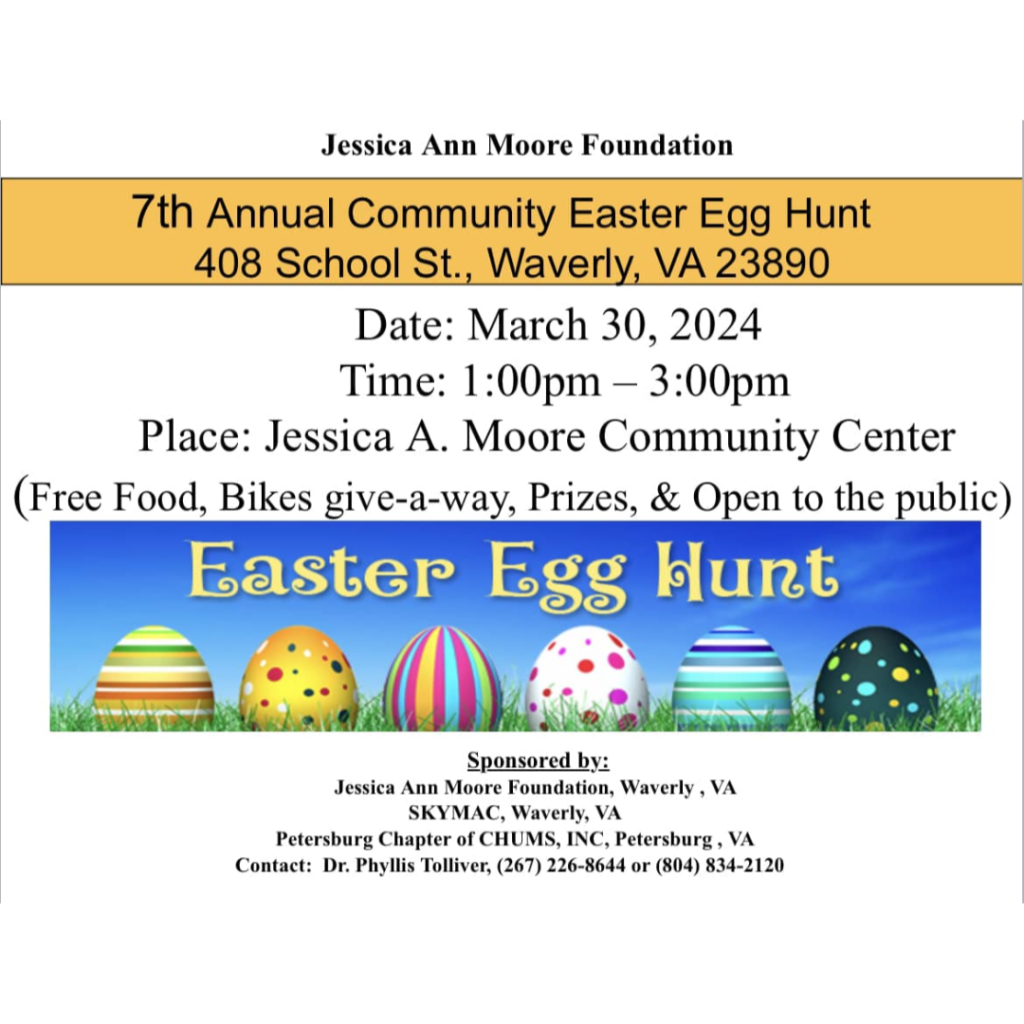 Easter Egg Hunt flyer with colorful eggs and event information for the 7th Annual Community Easter Egg Hunt in Waverly, VA.Easter Egg Hunt flyer with colorful eggs and event information for the 7th Annual Community Easter Egg Hunt in Waverly, VA.