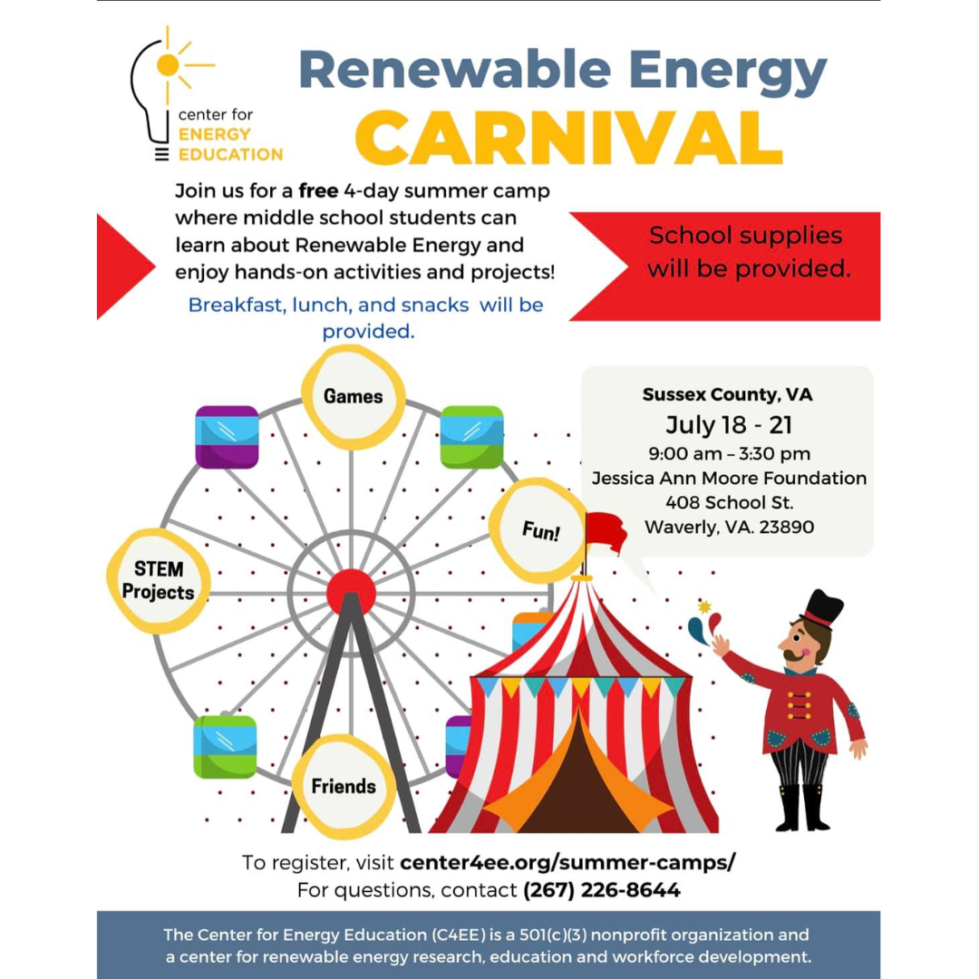 Renewable Energy Carnival flyer with colorful carnival ride illustrations and STEM-themed icons.